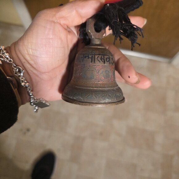 Colorful Stole With Brass Bells At Ends Hinduism Inscription On Bells - Picture 6 of 12